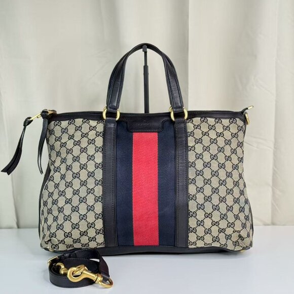 Gucci Handbags - Gucci GG Logo Supreme Shoulder Bag  with Red and Navy Stripes Classic Design